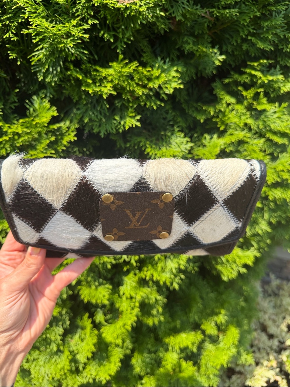 Upcycled Louis Vuitton Patch Black & White Diamond Cowhide Wallet - Picture 6 of 15